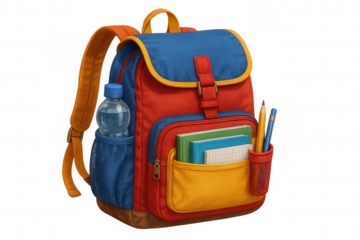 Multicolored back to school backpack, full of books, pencils, and water bottle, preparing for education and learning