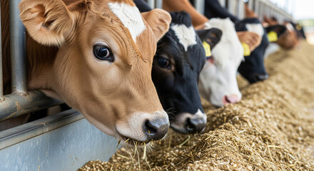A group of young cattle, predominantly brown and white in color, are crowded together at a feed trough, looking directly at the camera. The focus is on their heads and muzzles as they eat hay and grai