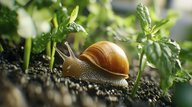 Close up of snail crawling on soil surrounded by green plants, showcasing nature beauty and tranquility