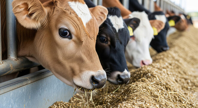 A group of young cattle, predominantly brown and white in color, are crowded together at a feed trough, looking directly at the camera. The focus is on their heads and muzzles as they eat hay and grai - Powered by Adobe
