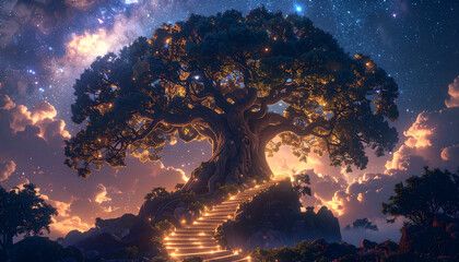 A majestic, ancient tree stands atop a hill, illuminated by a cosmic sky and a glowing path, evoking a sense of wonder and magic.