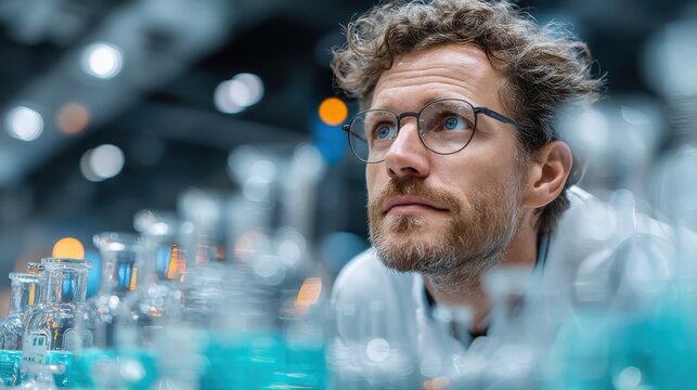 Research scientist in lab coat analyzing data in futuristic science laboratory high-tech environment thoughtful perspective