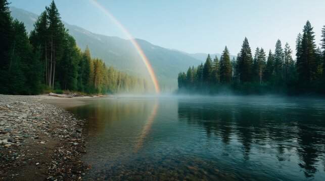 Serene forest river landscape featuring a vivid rainbow arching over calm waters with mist rising from the surface and lush green pine trees in the background, perfect for nature and outdoor themes