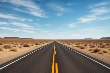 Endless straight highway stretching through arid desert under clear blue sky with scattered clouds, symbolizing journey and freedom concept. Ai generative