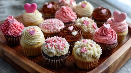 Delicious valentines cupcakes frosting hearts sprinkles tray