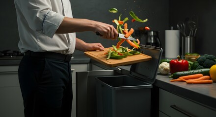 Discarding vegetable scraps into a kitchen bin. Food waste management during cooking and meal preparation in a modern kitchen.