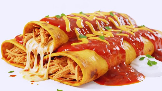 Three chicken enchiladas covered in red sauce and melted cheese, with a dollop of sour cream on the side, isolated on a white background.