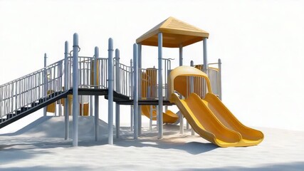 Modern playground structure with slides and climbing features on white background