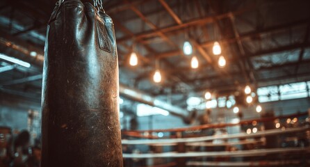 Boxing bag in a dimly lit gym