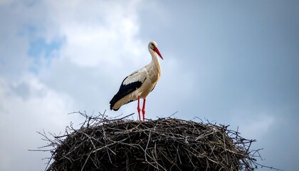 A white bird with red legs and beak stands perched atop a nest, cloudy sky in the background