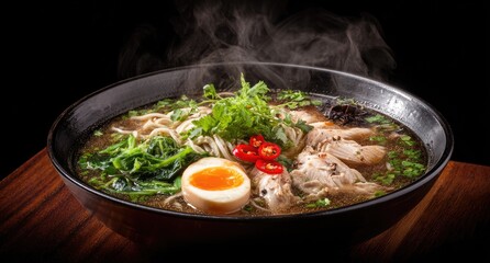 Aromatic, steaming bowl of ramen with noodles, broth, egg, and vegetables