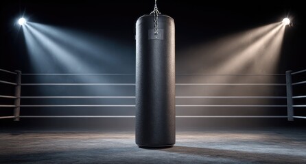 Boxing punching bag in a ring under spotlights