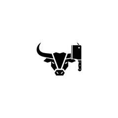 Bull's head with large meat cleaver, simplified and stark in black