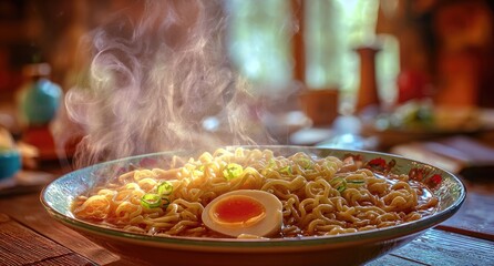Steaming bowl of noodles with egg