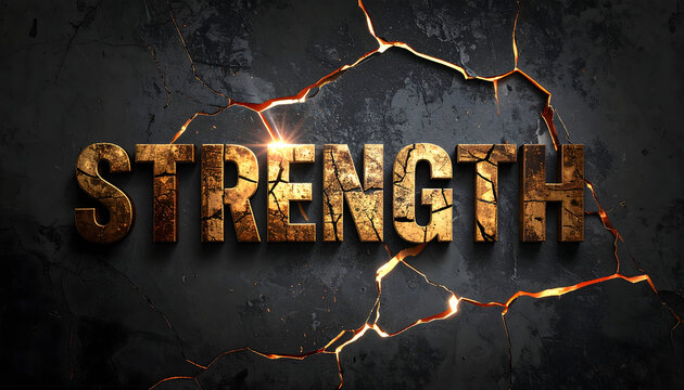 Golden 'STRENGTH' text effect on a cracked, dark gray background with glowing highlights.