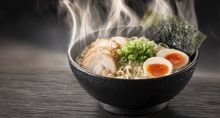Steaming bowl of ramen with chicken, egg, and seaweed