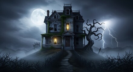 A spooky house on a hill with a full moon and lightning