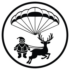A black silhouette of a Santa and reindeer flying