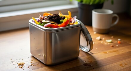 Kitchen compost bin with vegetable peels and coffee grounds on wooden counter, morning light, sustainable living, and eco-friendly home concept.
