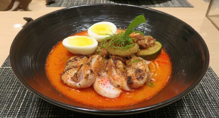 Spicy noodle dish with chicken and egg