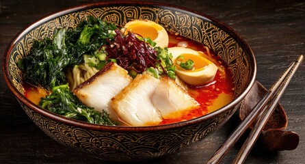 Bowl of ramen with pork, egg, and seaweed