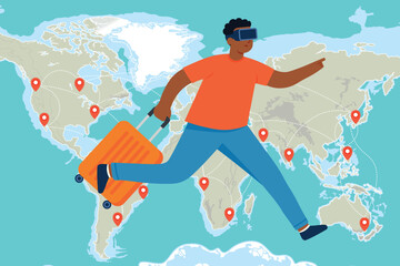 Traveler with virtual reality headset and suitcase exploring world map