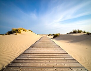 Wooden walkway through sand dunes leading to a calm, blue ocean
