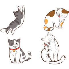 Four Cute Cartoon Style Cats Illustrated in Various Poses With a Transparent Background White Gray Orange Brown and Black