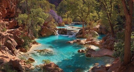 Vibrant turquoise pools cascading waterfalls