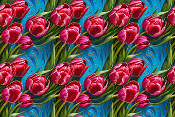 Seamless pattern, oil painting, for gift wrapping for March 8th, a luxurious bouquet of bright, blooming tulips in shades of rich crimson and fuchsia on a blue background