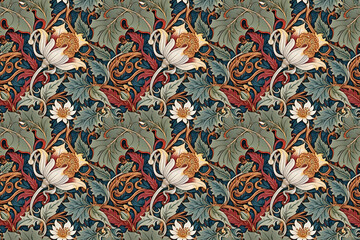 Vintage abstract watercolor floral pattern. Intricate Arts and Crafts style summer garden flowers, abundant foliage. Decorative composition for fabric, clothing, textiles, design