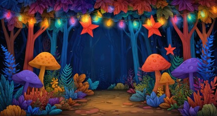 Enchanted forest path at night, lit by colorful lights