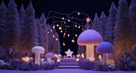 Magical forest pathway at night.  Soft lighting illuminates a whimsical scene