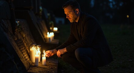 Man lighting remembrance candle at grave in cemetery at night. Grieving person paying tribute to loved one. Mourning and loss concept
