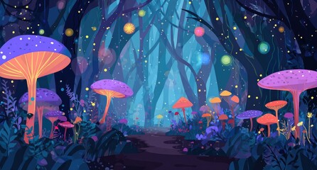 Magical forest path lined with colorful mushrooms and glowing orbs