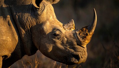 Fototapeta premium Close-up of a White Rhinoceros Head in Natural Habitat.