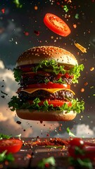 A vertical image of a floating double-patty burger with flying ingredients, against a cloudy sky