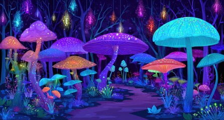 Glowing mushrooms in a vibrant night forest