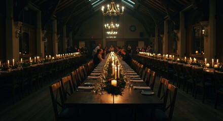 Elegant candlelit dinner party in grand rustic hall. Long table set for formal wedding reception or holiday banquet