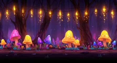 Magical forest path with glowing mushrooms