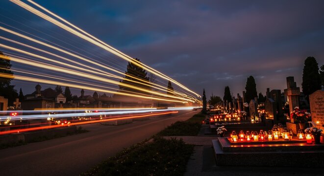 Long exposure of car light trails on road next to cemetery at night. Graves illuminated by candles for All Saints' Day remembrance. Juxtaposition of life and death concept