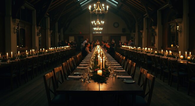 Elegant candlelit dinner party in grand rustic hall. Long table set for formal wedding reception or holiday banquet - Powered by Adobe