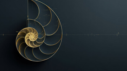 A golden nautilus shell spiraling on a dark backdrop, showcasing perfect geometry and design fibonacci