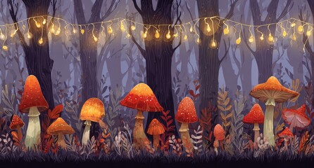 Forest scene with mushrooms and fairy lights