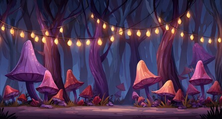 Magical forest at night with glowing mushrooms and fairy lights