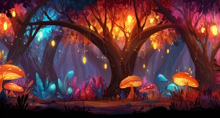 Enchanting fantasy forest scene with glowing mushrooms and trees