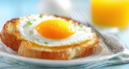 Fried egg on toasted bread, served with orange juice