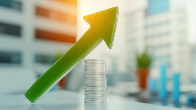 Financial Growth and Success: A vivid green arrow ascends, symbolizing upward trajectory and financial triumph, complemented by a stack of coins, conveying concepts of wealth and progress.