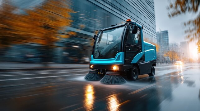 Street sweeper operator maneuvering modern cleaning vehicle in urban environment action shot dynamic perspective