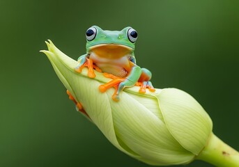 Naklejka premium A vibrant green tree frog with orange feet rests on a closed flower bud